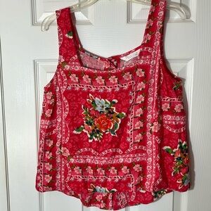 Lauren Conrad linen blend floral boho tank top pink red buttons sleeveless M